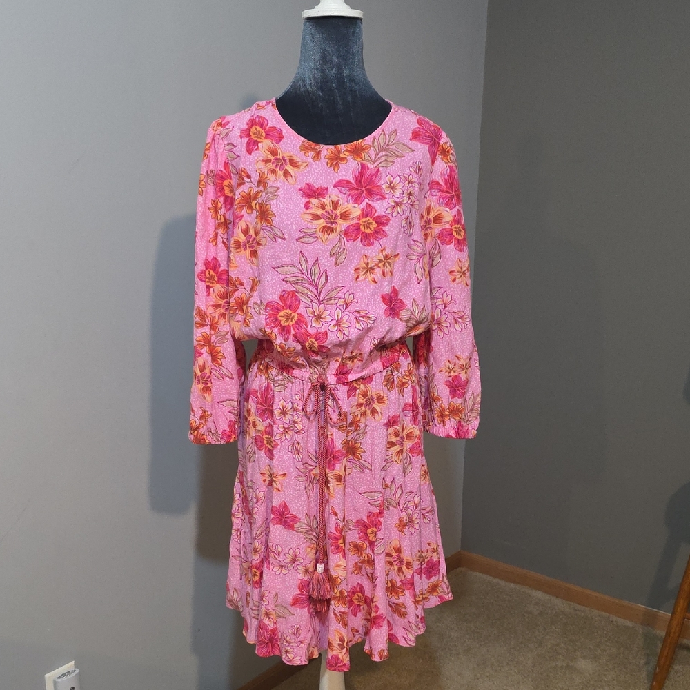 LOFT Tropical Floral Midi Dress Pink Orange Tie Waist‎ 3/4 Sleeve Women's L Boho